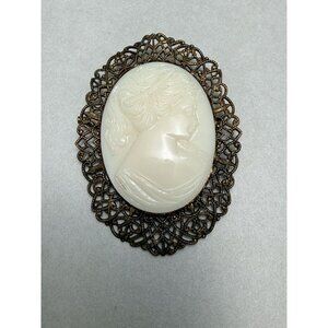 Vintage Milk Glass Cameo Brooch Gold Tone Filigree Oval Classic